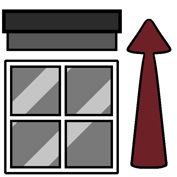 A gray, shiny window with raised blinds and an arrow pointing upwards to the right of it. 